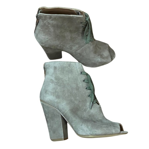 Firth Dez Mule Suede Bootie heel open toe size 6.5 Mousse brown gray green laces - Picture 1 of 16